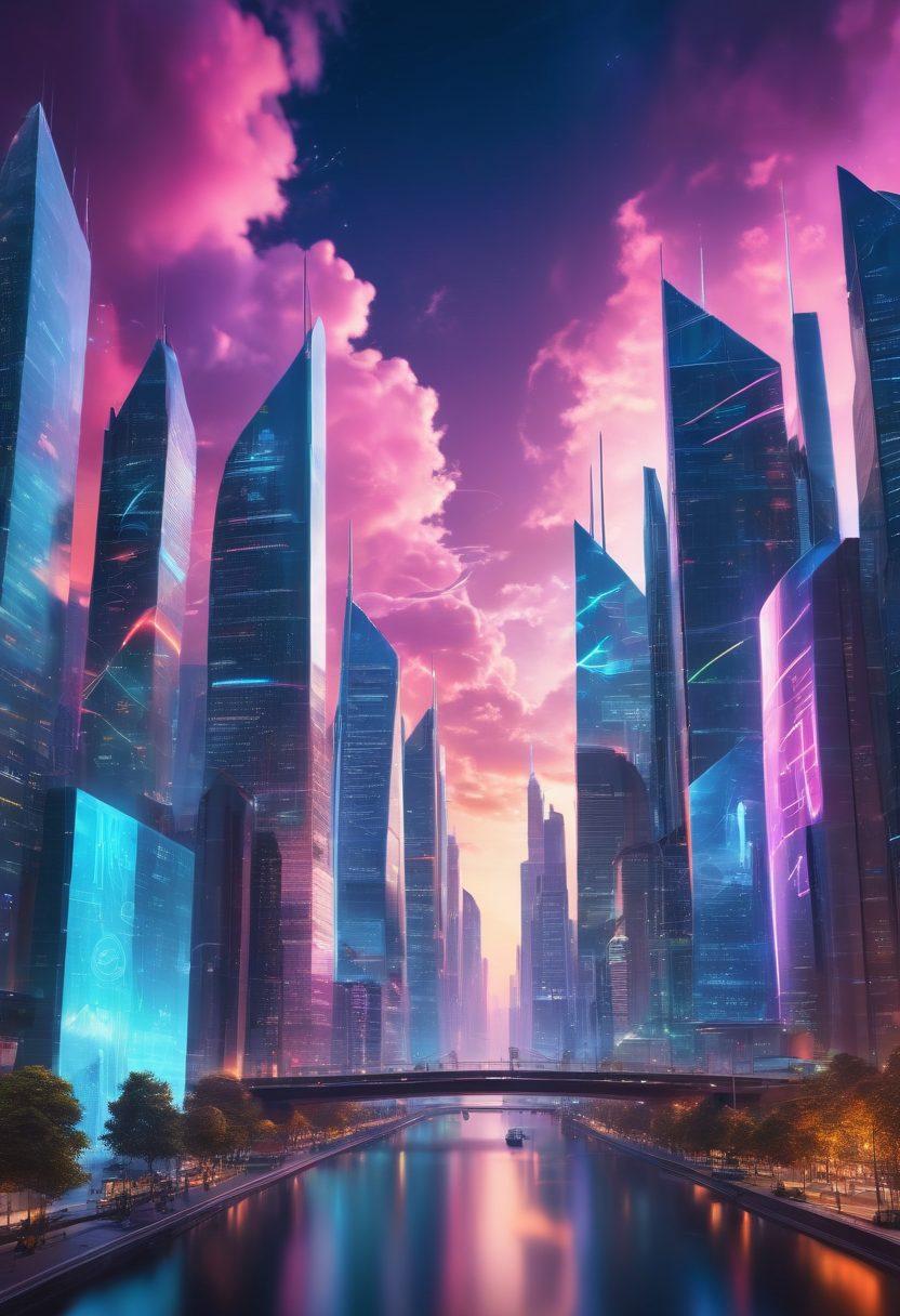 A dynamic city skyline with futuristic architecture symbolizing digital transformation, featuring diverse professionals collaborating over digital interfaces, showcasing graphs and cloud symbols in the sky, highlighting innovation in business intelligence. cyberpunk. vibrant colors. super-realistic.