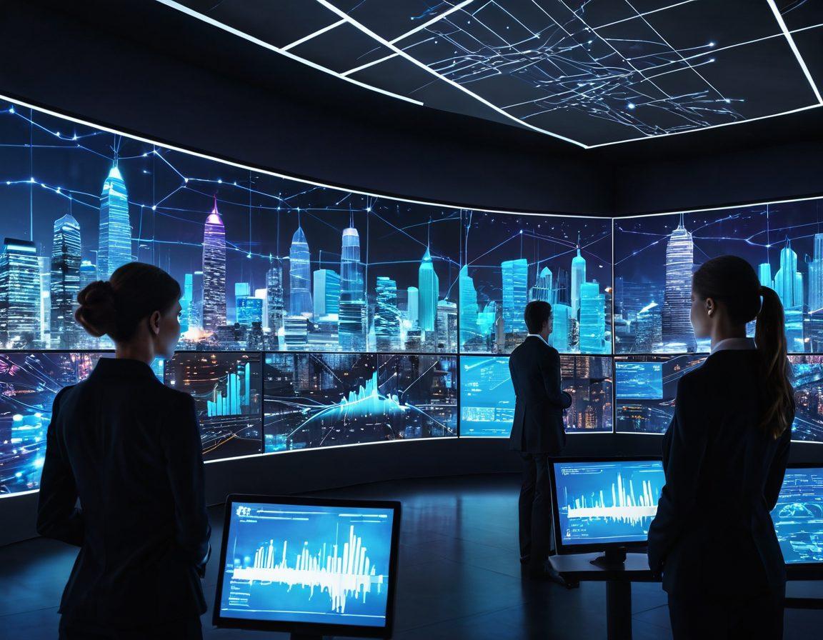 A futuristic city skyline symbolizing data networks, with glowing lines connecting different buildings representing seamless data integration. In the foreground, a diverse group of professionals collaborating on large digital screens displaying analytics and charts. The overall scene conveys a sense of innovation and efficiency in data management for enterprises. vibrant colors. super-realistic. 3D.