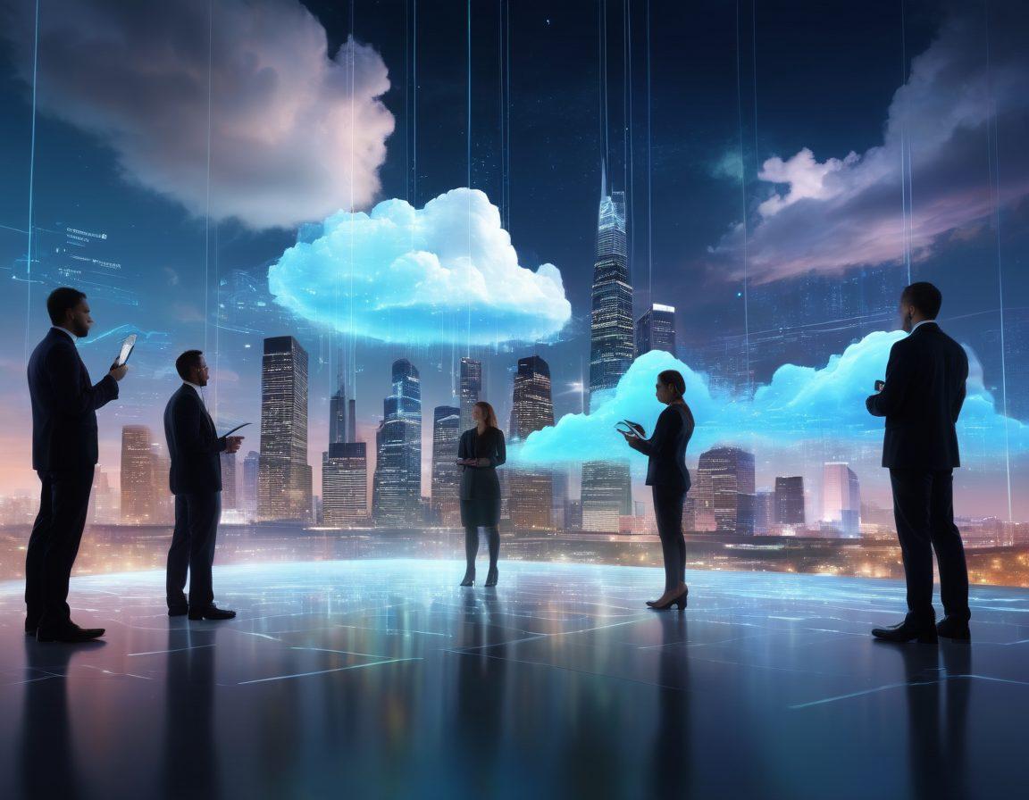 A dynamic composition featuring a modern cloud landscape with data streams flowing through the air, symbolizing cutting-edge technology. In the foreground, a diverse team of professionals collaborates around a holographic display showcasing analytics and cloud solutions. An urban skyline in the background represents innovation and business growth. The atmosphere should feel energetic and futuristic. super-realistic. vibrant colors. 3D.